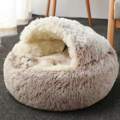 Calming Pet Cocoon Bed, Side View with Cat, Coffee Color