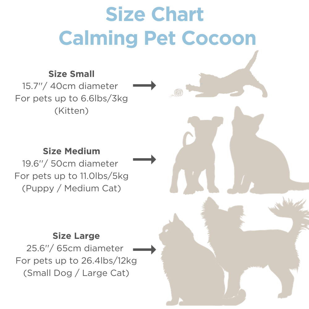 Calming Pet Cocoon Bed, Size Chart