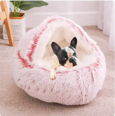 Calming Pet Cocoon Bed, Front View with Dog, Pink Color